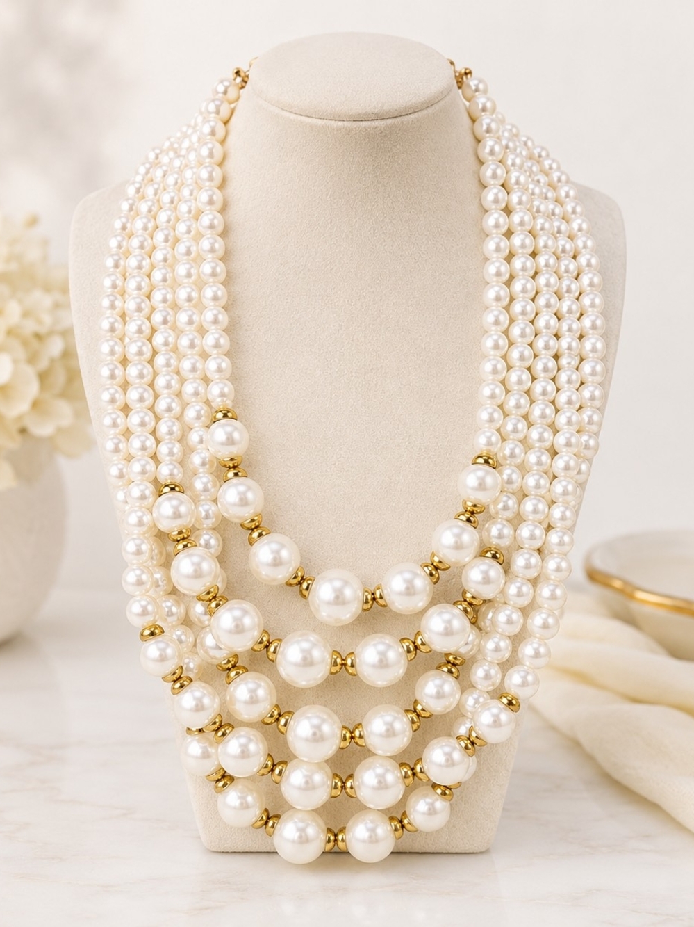 Vintage 5 Strand Faux Pearl Necklace Multi Layer Graduated Pearl Statement Bib